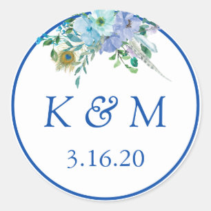 Sapphire Blue Floral Monogram Wedding Favour Classic Round Sticker