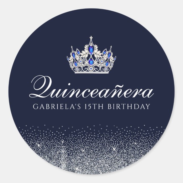 Sapphire Blue Glitter Quinceanera Classic Round Sticker (Front)