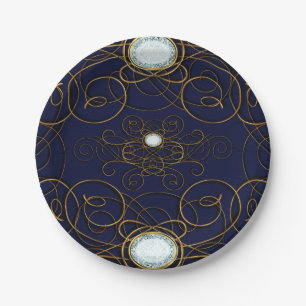Sapphire Blue & Gold Diamond Anniversary Party Paper Plate