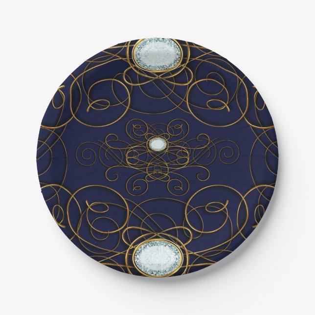 Sapphire Blue & Gold Diamond Anniversary Party Paper Plate (Front)