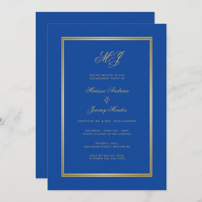 Sapphire Blue Gold Monogram Engagement Party Invitation (Front/Back)