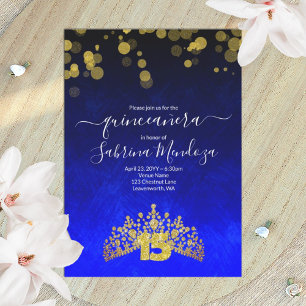 Sapphire Blue, Gold Tiara Quinceanera Invitation