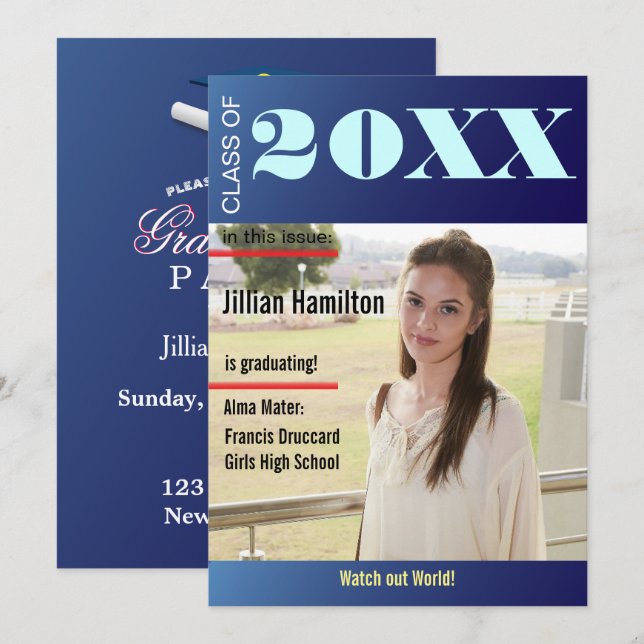 Sapphire Blue Graduation Magazine Cover Invite (Front/Back)