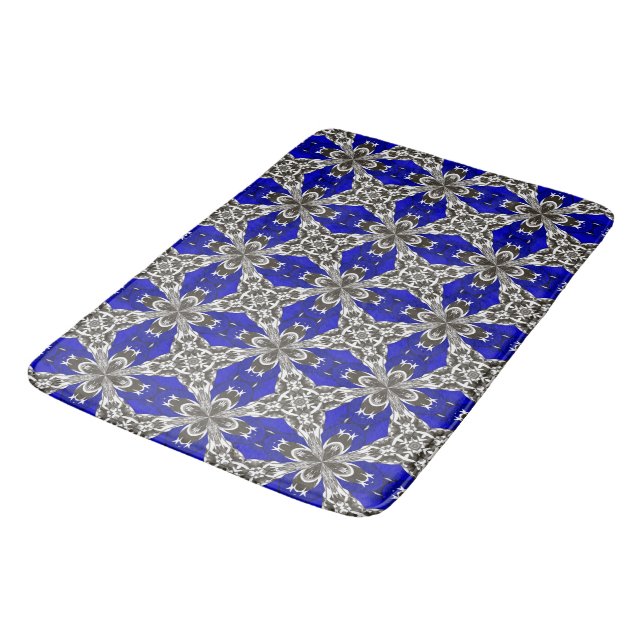 Sapphire Blue Grey and White Repeat Tile Pattern Bath Mat (Angled)