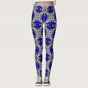 Sapphire Blue Grey and White Repeat Tile Pattern Leggings