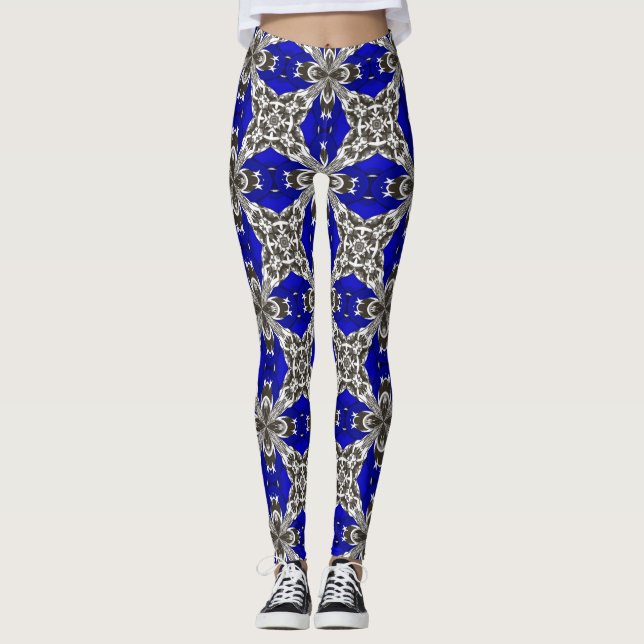Sapphire Blue Grey and White Repeat Tile Pattern Leggings (Front)