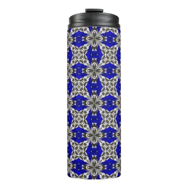 Sapphire Blue Grey and White Repeat Tile Pattern Thermal Tumbler (Front)