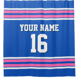 Sapphire Blue Hot Pink White Stripes Sports Jersey Shower Curtain