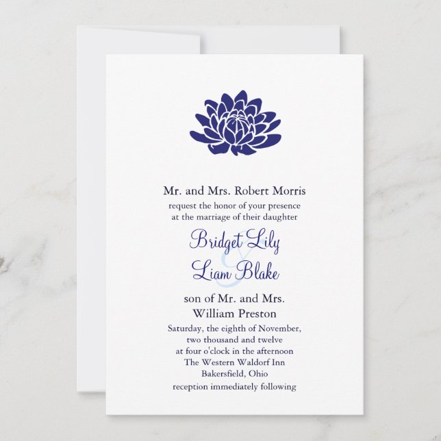 Sapphire Blue Lotus Flower Wedding invitation (Front)
