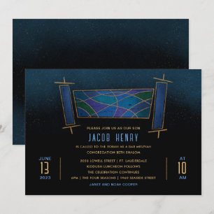 Sapphire Blue Mosaic Torah Scroll Bar/Bat Mitzvah Invitation