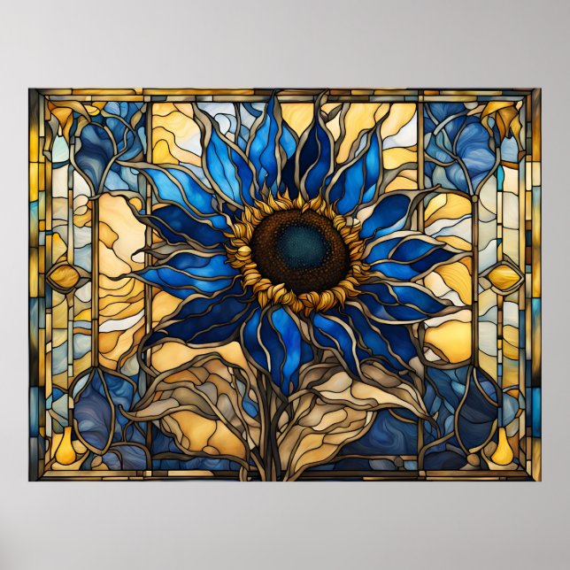 Sapphire Blue N Gold Stained Glass Sunflower  Poster (Front)