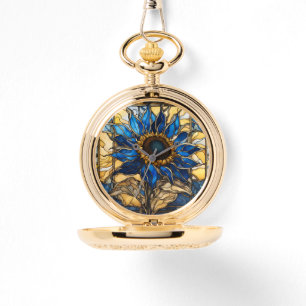 Sapphire Blue N Gold Stained Glass Sunflower Watch