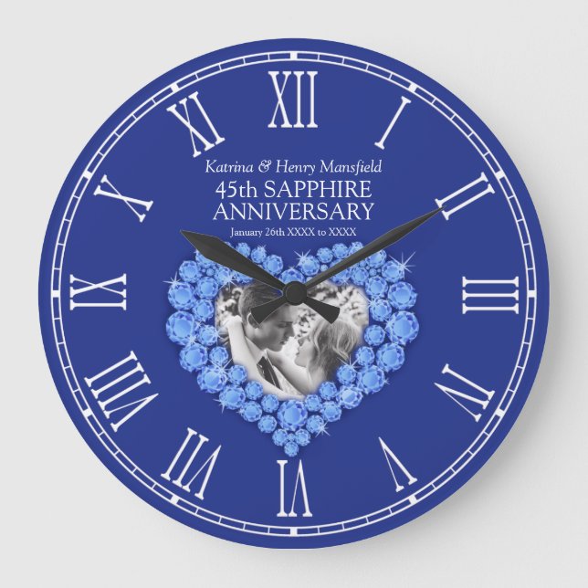 Sapphire blue photo heart 45th wedding anniversary large clock (Front)