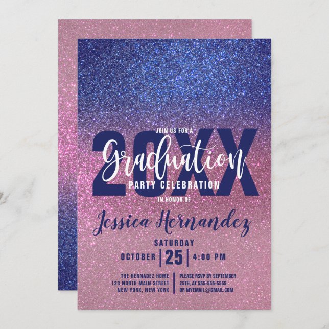 Sapphire Blue Pink Triple Glitter Ombre Graduation Invitation (Front/Back)