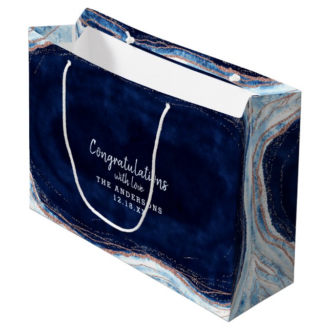 Sapphire Blue Rose Gold Congratulations Wedding Large Gift Bag (Front Angled)
