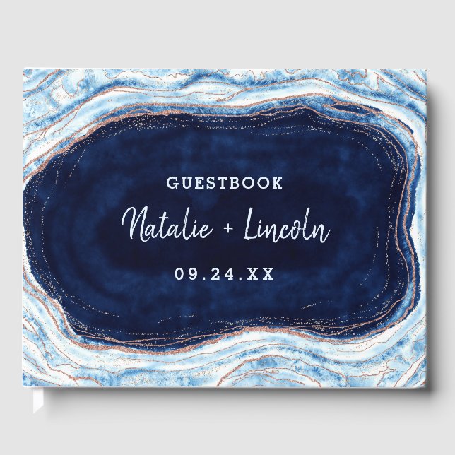Sapphire Blue Rose Gold Geode Agate Marble Wedding Guest Book (Front)
