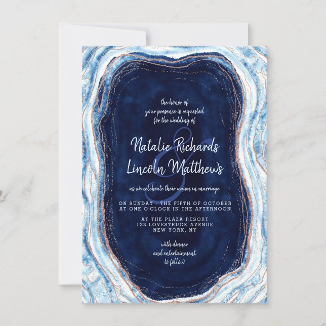 Sapphire Blue Rose Gold Geode Agate Marble Wedding Invitation (Front)