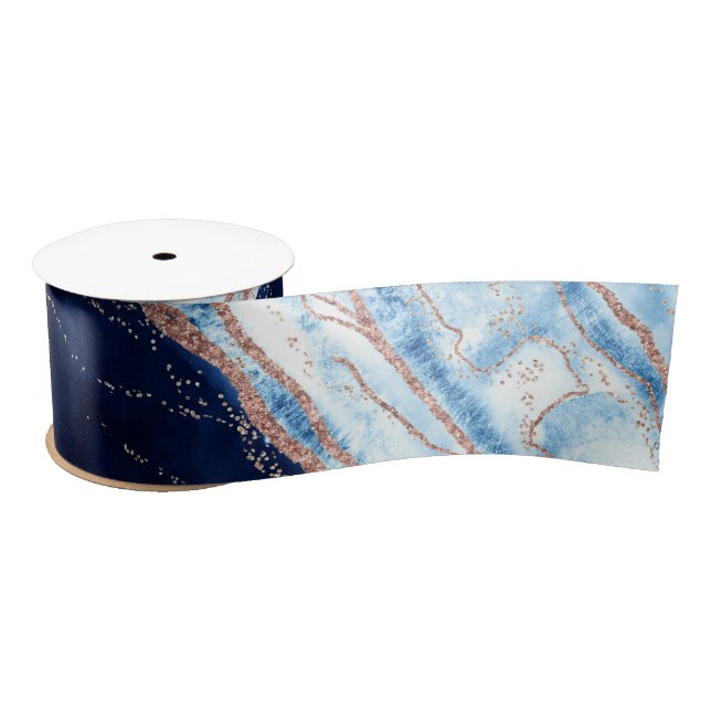 Sapphire Blue Rose Gold Geode Agate Marble Wedding Satin Ribbon (Spool)