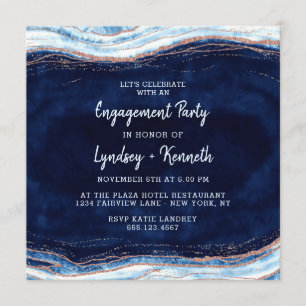 Sapphire Blue Rose Gold Geode Engagement Party Invitation