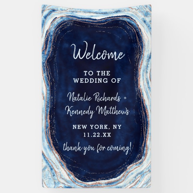 Sapphire Blue Rose Gold Geode Rock Wedding Welcome Banner (Vertical)
