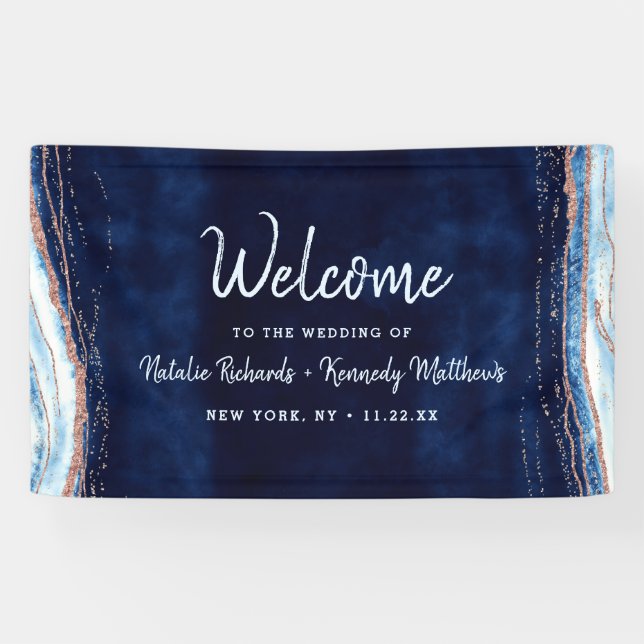 Sapphire Blue Rose Gold Geode Rock Wedding Welcome Banner (Horizontal)