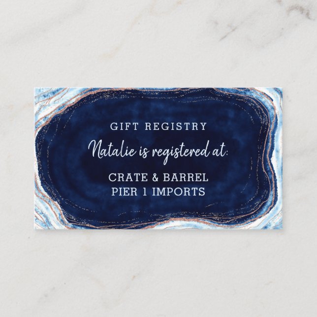 Sapphire Blue Rose Gold Geode Shower Gift Registry Enclosure Card (Front)