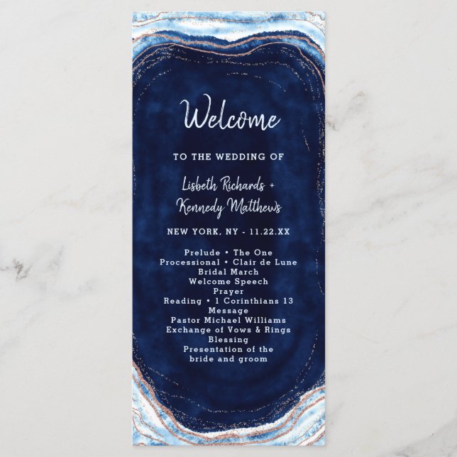 Sapphire Blue Rose Gold Geode Wedding Ceremony Program (Front)