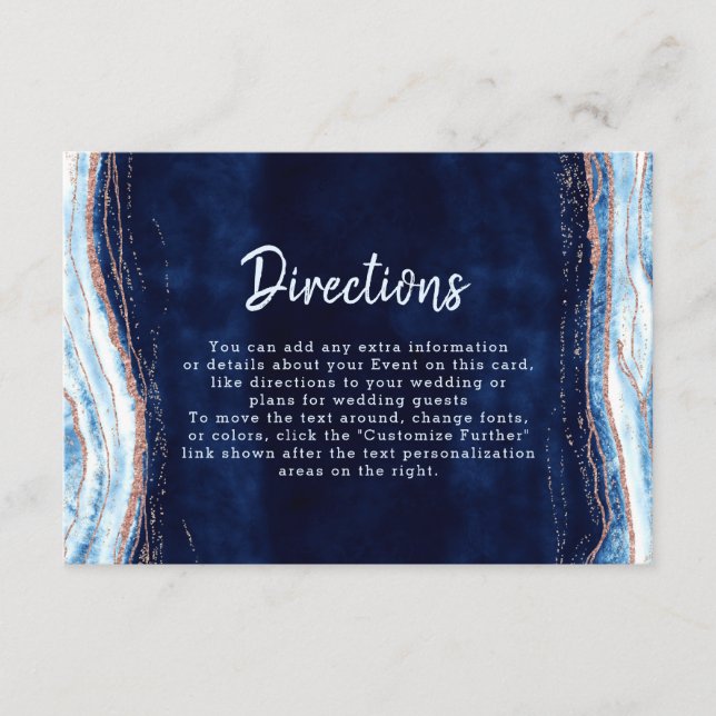 Sapphire Blue Rose Gold Geode Wedding Directions Enclosure Card (Front)