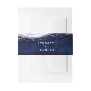 Sapphire Blue Rose Gold Geode Wedding Monogram Invitation Belly Band