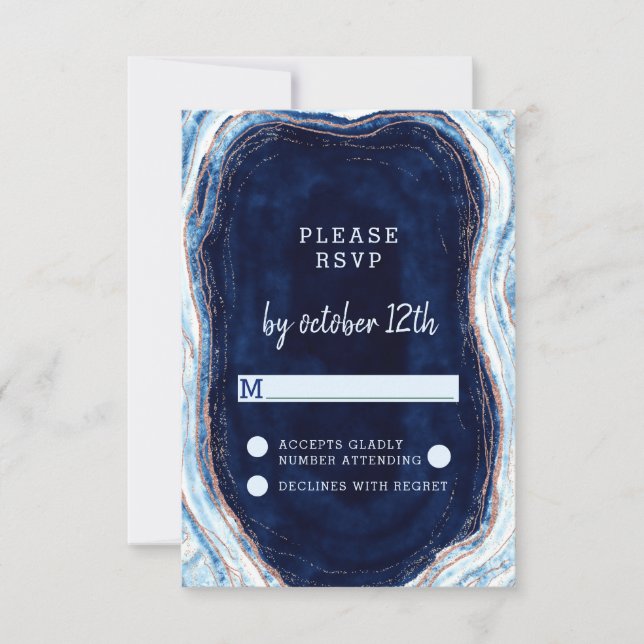 Sapphire Blue Rose Gold Geode Wedding RSVP Reply Card (Front)