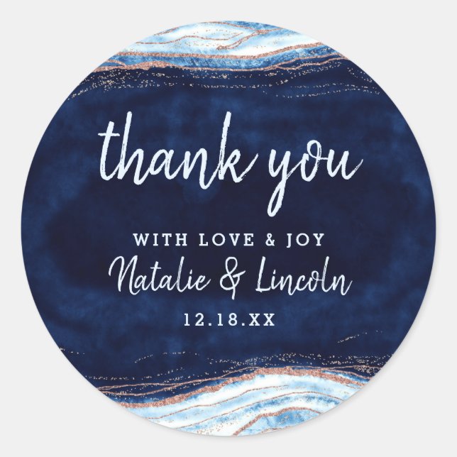 Sapphire Blue Rose Gold Geode Wedding Thank You Classic Round Sticker (Front)