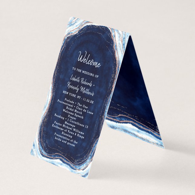 Sapphire Blue Rose Gold Wedding Ceremony Program (Front)