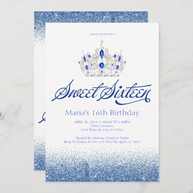 Sapphire Blue Sweet Sixteen Invitations (Front/Back)