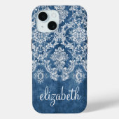 Sapphire Blue Vintage Damask Pattern and Name Case-Mate iPhone Case (Back)