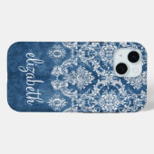 Sapphire Blue Vintage Damask Pattern and Name Case-Mate iPhone Case (Back (Horizontal))