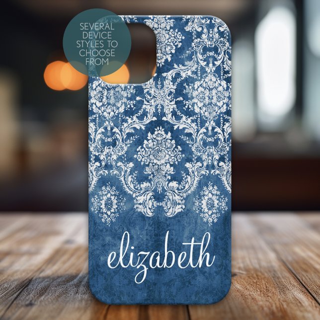 Sapphire Blue Vintage Damask Pattern and Name Case-Mate iPhone Case
