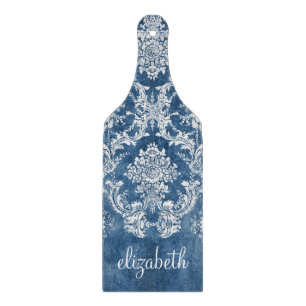 Sapphire Blue Vintage Damask Pattern and Name Cutting Board