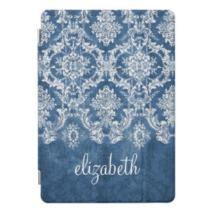 Sapphire Blue Vintage Damask Pattern and Name iPad Pro Cover