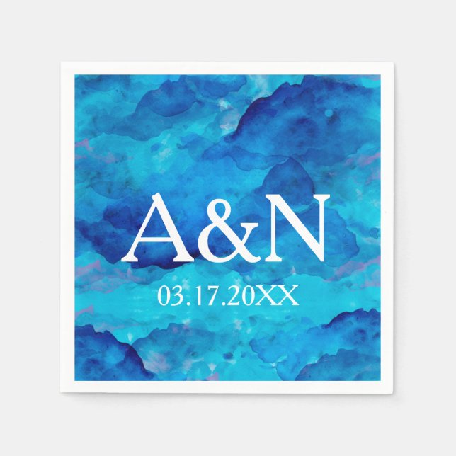 Sapphire Blue Watercolor Wedding Monogram Napkin (Front)