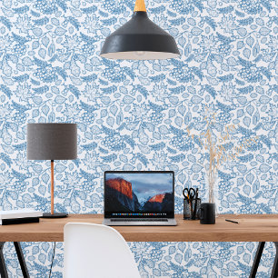 Sapphire Blue White Botanical Classic Greenery Wallpaper