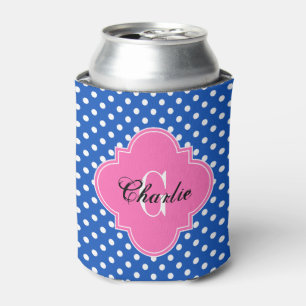 Sapphire Blue Wht Dots Hot Pink Quat Name Initial Can Cooler