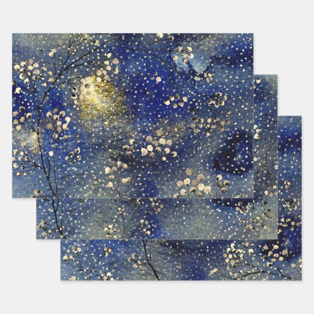 Sapphire Blue Winter Dusk Sky Gold Snowfall Wrapping Paper Sheet (Set)