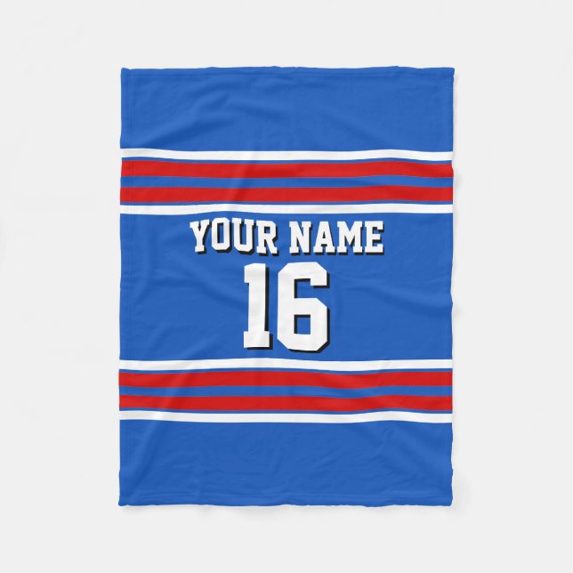 Sapphire Blue with Red White Stripes Team Jersey Fleece Blanket (Front)