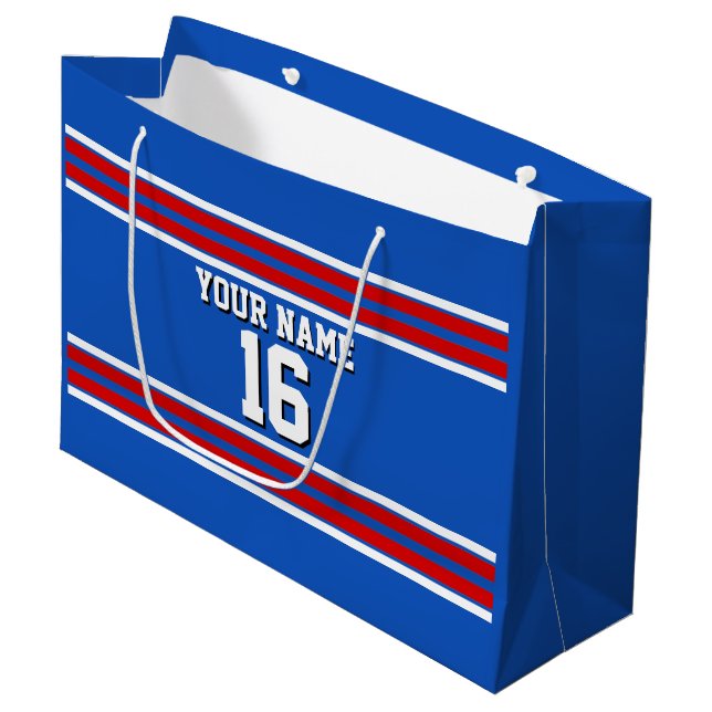 Sapphire Blue with Red White Stripes Team Jersey Large Gift Bag (Front Angled)