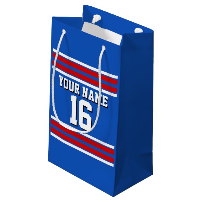 Sapphire Blue with Red White Stripes Team Jersey Small Gift Bag (Back Angled)