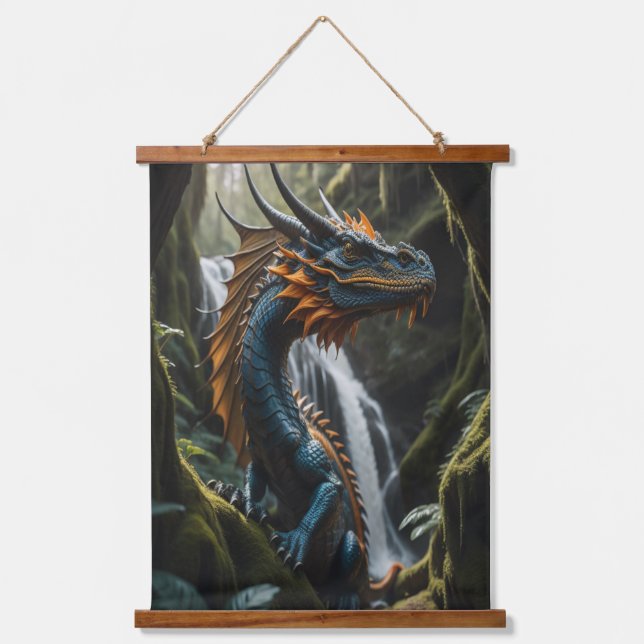 Sapphire Ember Enchanted Forest Dragon Fantasy Hanging Tapestry (Front)