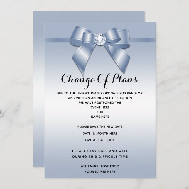 Sapphire Gem Bow & Ribbon Change Of Plan Invitation (Front/Back)