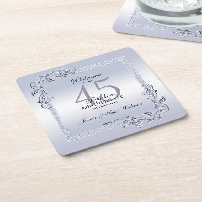 Sapphire Gem & Glitter 45th Wedding Anniversary    Square Paper Coaster (Angled)