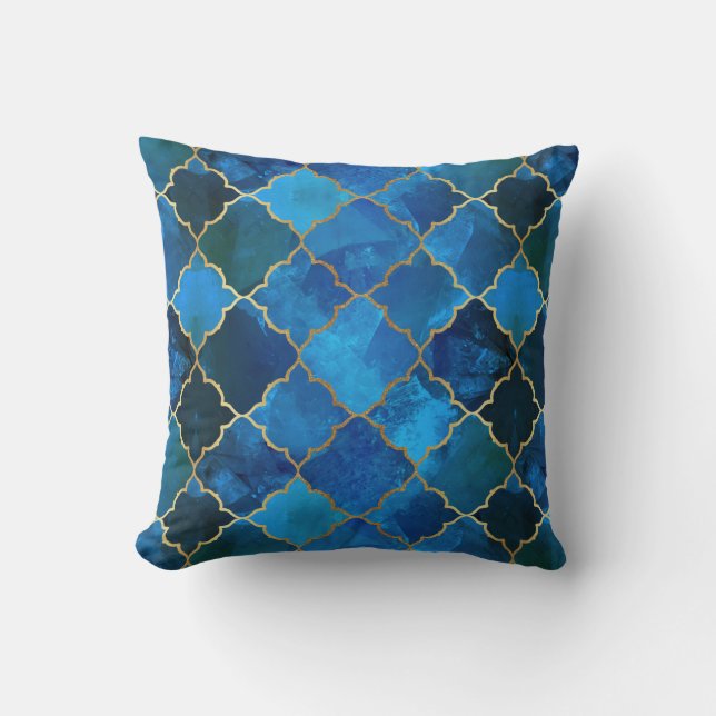 Sapphire Gemstone & Gold Moroccan Tile Pattern Cushion (Front)
