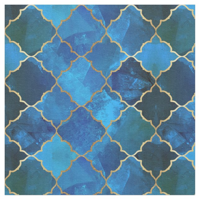 Sapphire Gemstone & Gold Moroccan Tile Pattern Fabric (Close Up)